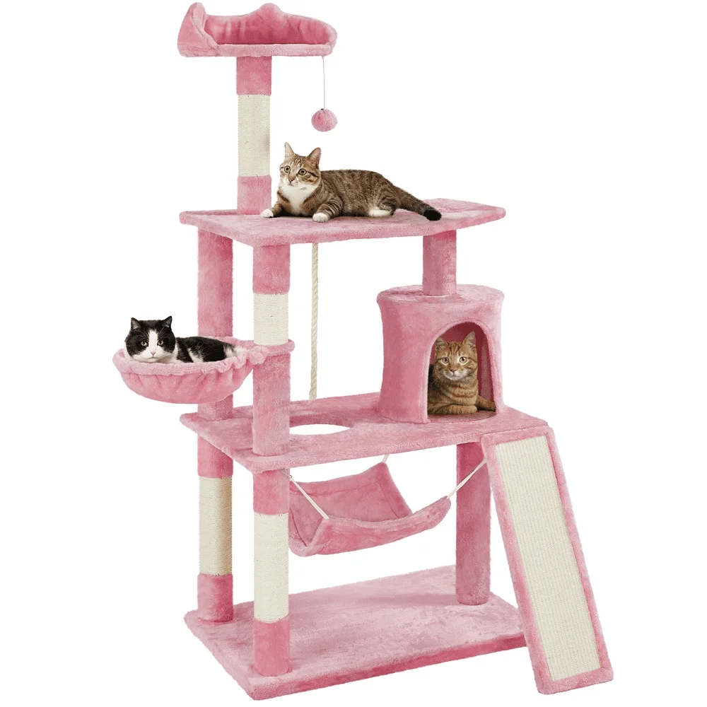 

63.5″H Multi Level Cat Tree Condo with Basket & Hammock & Scratching Post for Small/Medium Cats, Pink, Cat Climbing Frame