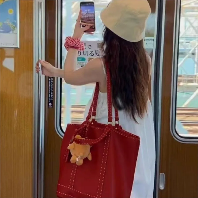 JIAERDI Red Stitching Tote Bag Women Leather Large Capacity Cute Handbag Purse Ladies Vintage Fashion Commute Shoulder Bags 2025