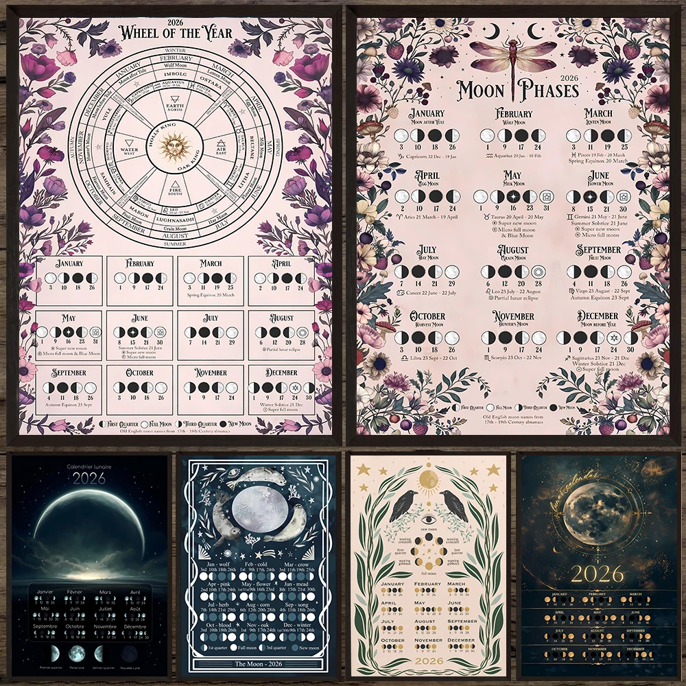 2026 Lunar Calenda Witch Moon Phases Almanac Wall Art Canvas Painting ...