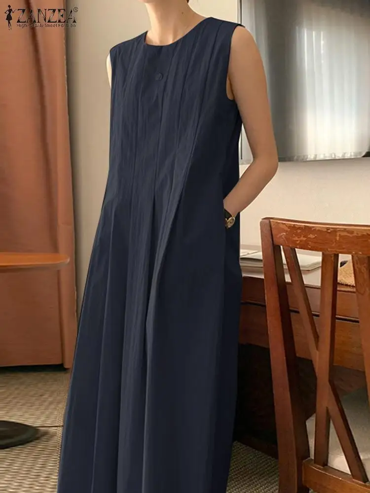 

ZANZEA Fashion Sleeveless Tank Dress Female O-Neck Maxi Dresses Summer Elegant Solid Dresses Woman Casual Pleated Sundress 2023