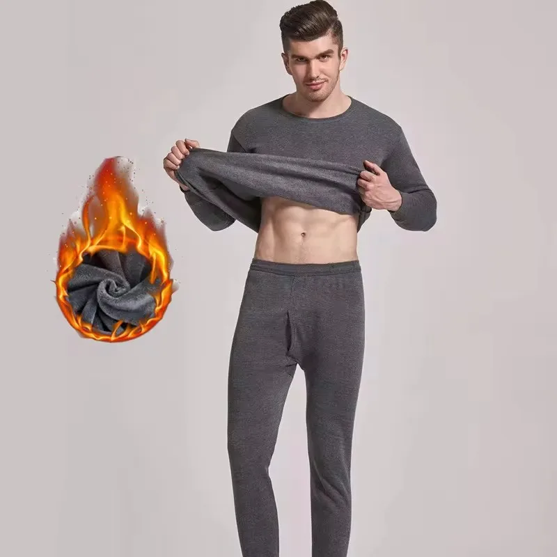 Men's warm underwear set round neck brushed and plush thermal underwear autumn clothes trousers