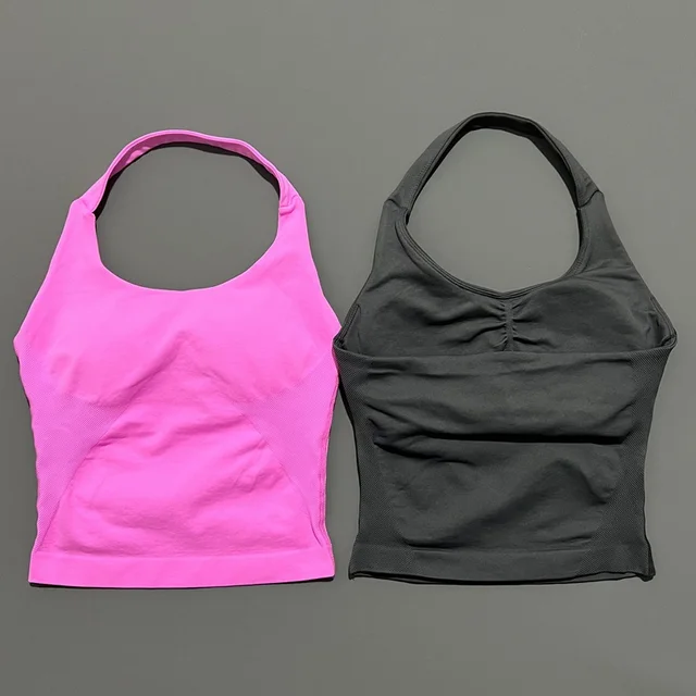 HISTELLO Impact Halter Top Seamless Longline Strappy Gym Top Women Built-in Bra Removable Cups Activewear Yoga Tank Tops
