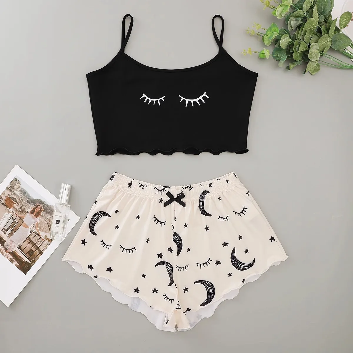 

Women's eyelash print suspender top star moon shorts loungewear set sexy women's pajamas free shipping