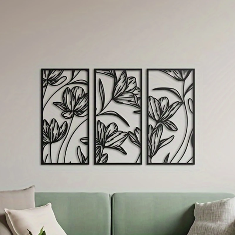 

3pcsModern Abstract Black Metal Line Art Hanging Wall Art, Metal Flowers Wall Decor, Minimalist Home Wall Decor