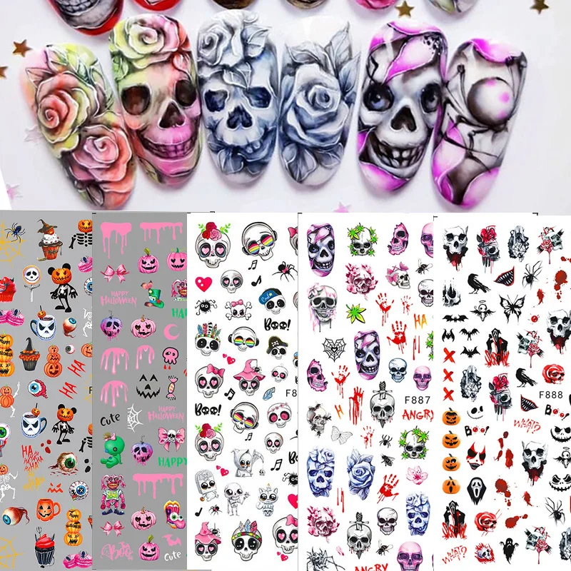 3D Skull Pumpkin Head Bat Nail Stickers Supplies Sliders Halloween Decorations Decals