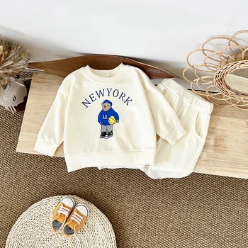 Neonato Primavera Autunno 2PCS Bambino 0-4Y Cotone Spessore Maniche Lunghe + Pantaloni Orso Ragazzi Ragazze Stampato Vestiti Calore Set Bambini