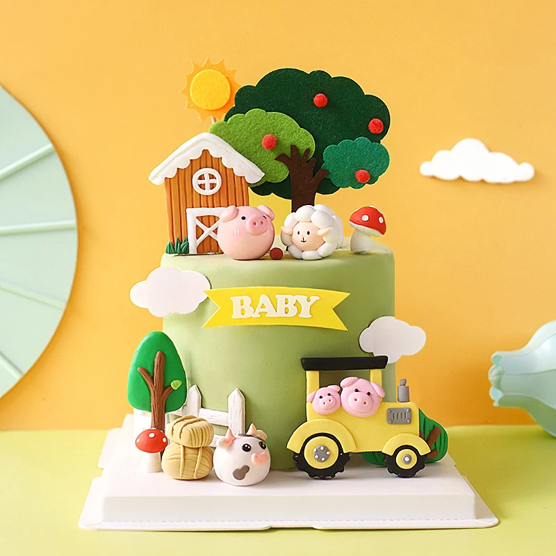 

Happy Birthday Cake Topper Farm Zoon Polymer Clay Tractor Calf Lamb Kids Party Cake Decoration Baby Shower Dessert Decor