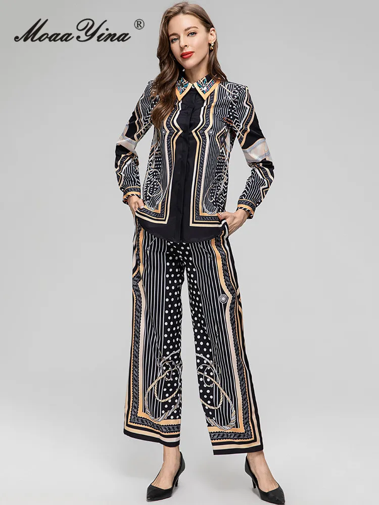 

MoaaYina, летний модный подиумный винтажный комплект со штанами с принтом, Женский Топ с отворотом и пуговицами со стразами + Прямые брюки с эластичной резинкой на талии, комплект из 2 предметов
