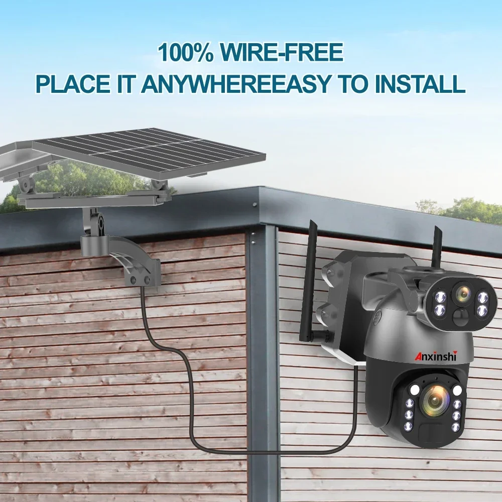 안신시 브랜드 4G LTE 태양광 무선 UBox 앱 지원 50배줌 태양광 카메라 (양방향 오디오, 듀얼 태양광 패널 포함)
