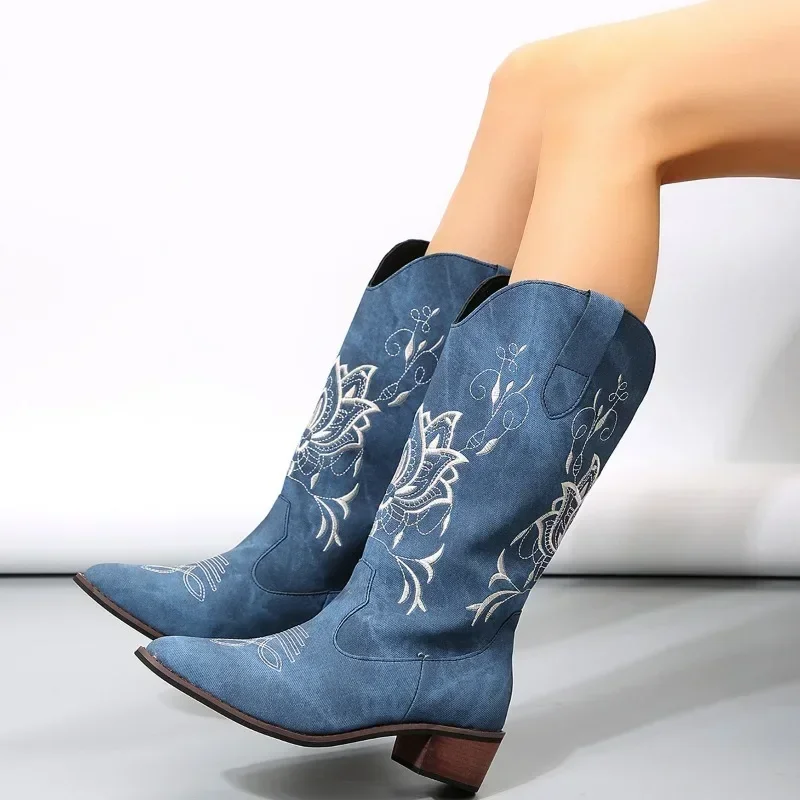 

Retro Pointy Toe Ankle Boots Woman 2024New Winter Canvas Denim Boots Women Casual Embroidered Western Cowboy Boots Botines Mujer