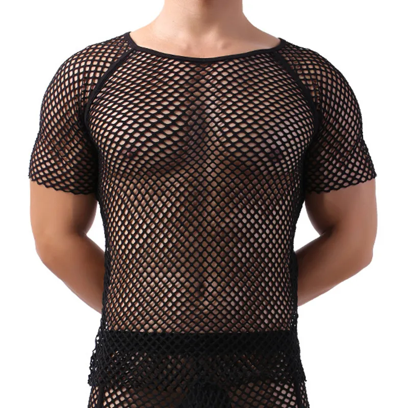 Mens Mesh See Through T Shirt Sexy Short Sleeve Man Wear Tshirt Men Party