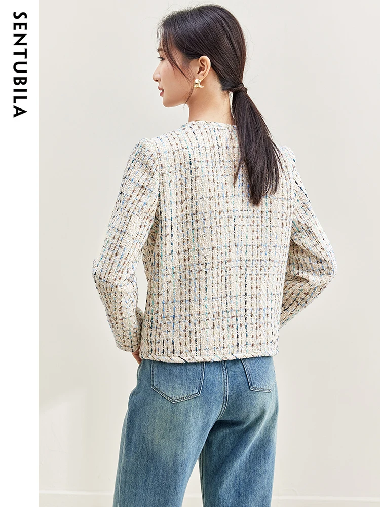 SENTUBILA Contrast Plaid Cropped Tweed Jacket for Women 2023 Elegant Straight Long Sleeve Autumn Winter Short Coats 133W49788