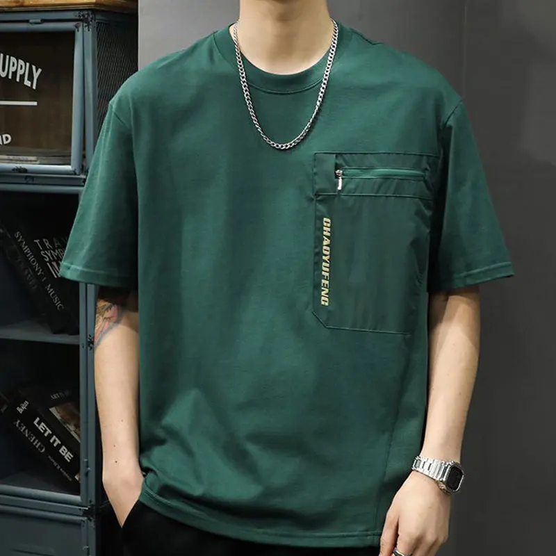 

Elegant Fashion Harajuku Slim Fit Ropa Hombre Loose Casual Sport All Match Tshirts Patchwork Pockets O Neck Short Sleeve Tshirts