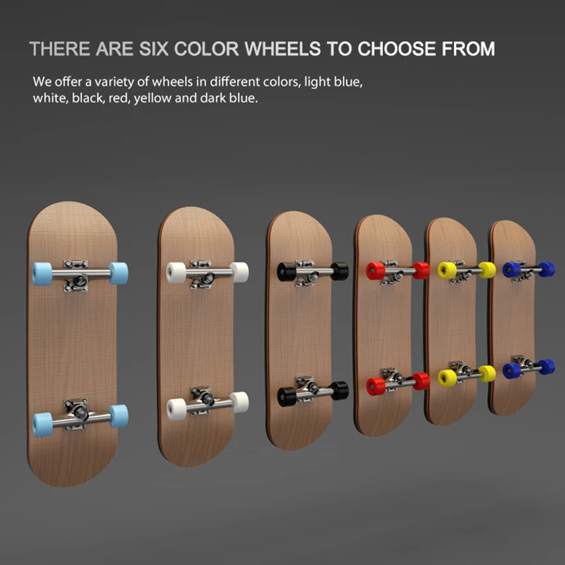 Caption reading there are six colors to choose from and a picture of the fingerboards upside down and the color of the wheels