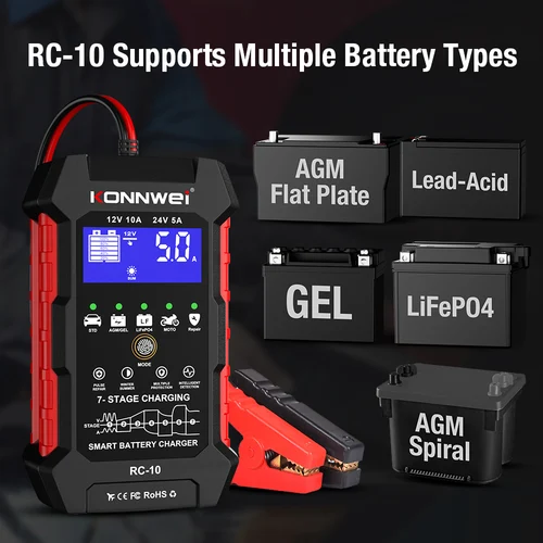 KONNWEI RC-10 자동차 배터리 충전기, 완전 자동 고속 충전 펄스 수리 배터리 충전기, 납산 AGM 젤, 12V, 10 A, 24V, 5A 2
