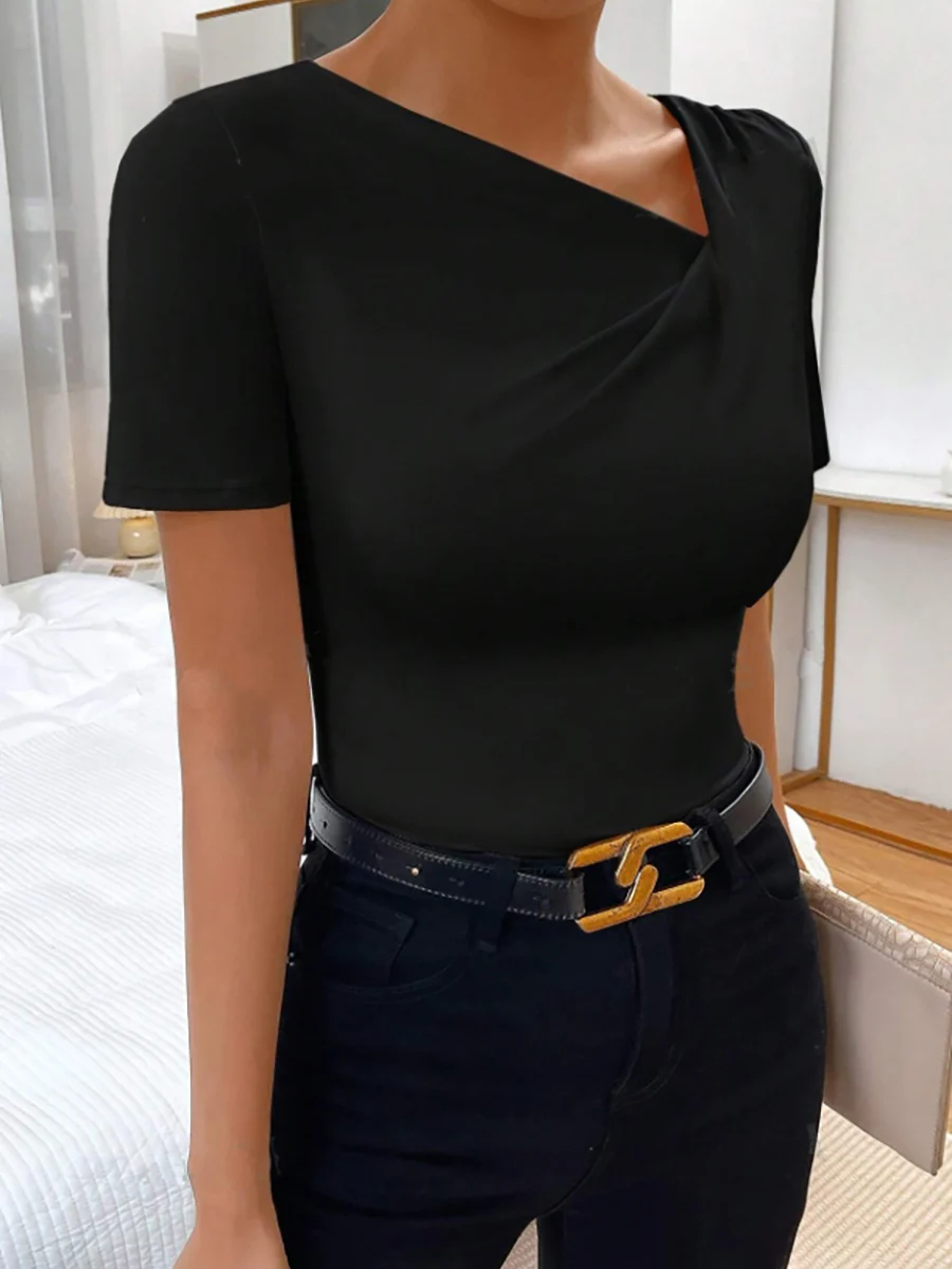 Women's T-Shirt Asymmetrical Neck Short Sleeve Ruched Smooth Knit Slim Fit Top Elegant Spring Summer Office Commute Stretchy Top 3