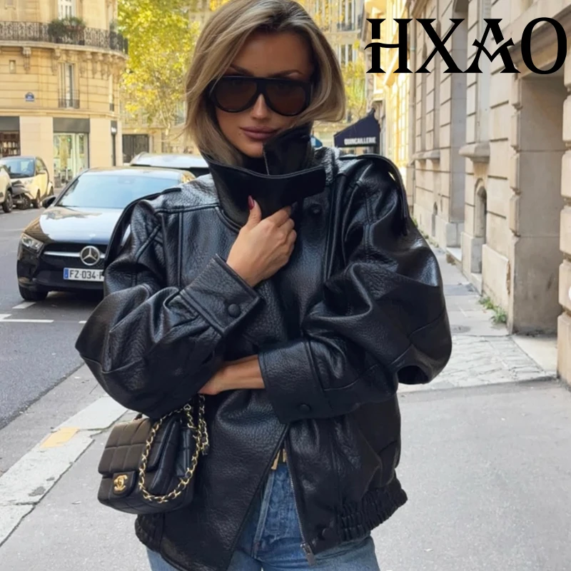 HXAO Faux Leather Jacket Coat Demi-Season Black Bomber Jacket