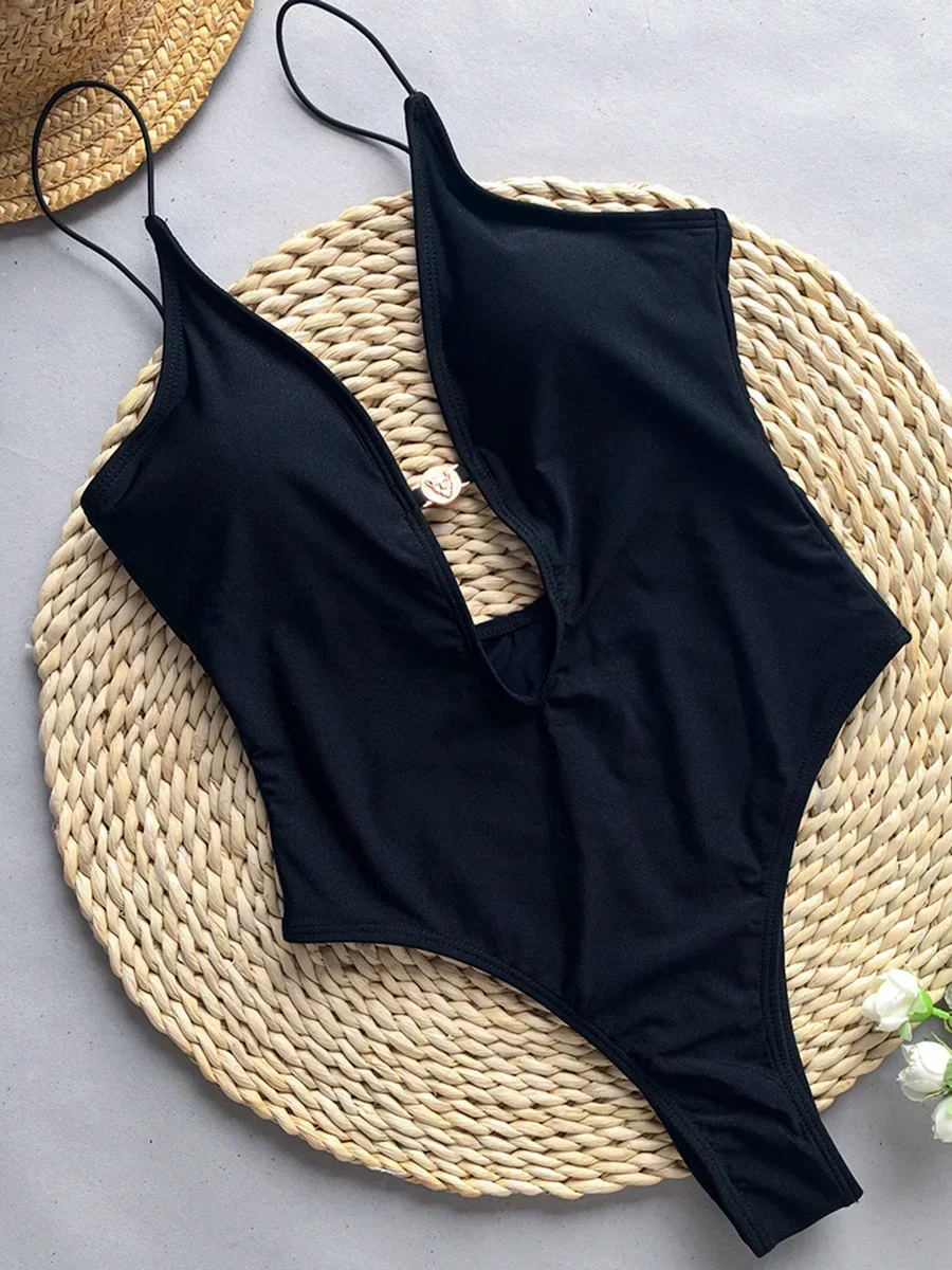 Sexy Deep V Neck Hollow Out One Piece Swimsuit Women Swimwear Female Backless Monokini High Cut Bather Bathing Suit Swim Lady 1