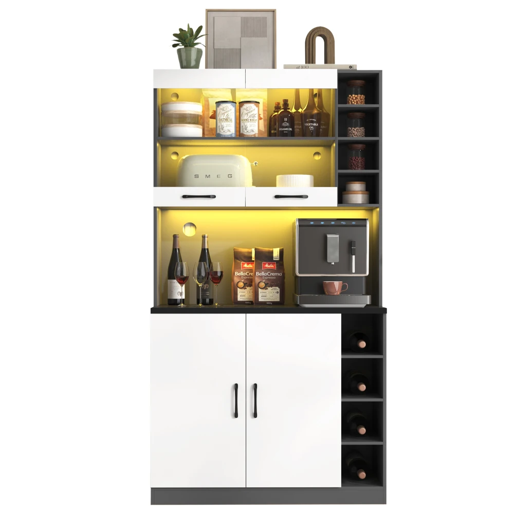 Küchenbuffetschrank mit LED-Leuchten | Freistehendes Highboard aus Holz | Großer Mikrowellenraum und verstellbarer Stauraum | Kabellöcher. – Detail 24
