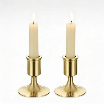 Minimalist Gold Brushed Metal Taper Candle Holder Set 1