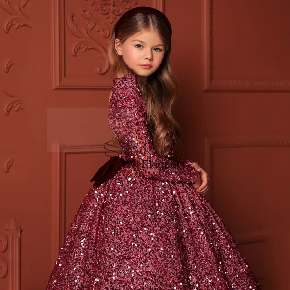 Sparking Full Sleeve Sequined Flower Girl Dresses A Line Communion Dresses Girls Winter Christmas Gown Christening VV980057