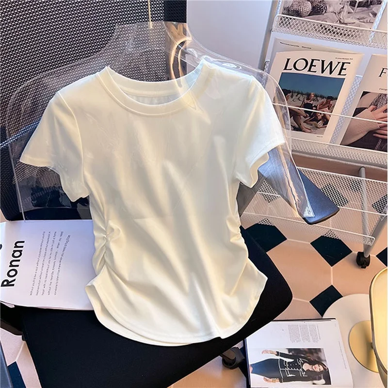 Summer ort Sve T-irt Women's Waist-Cinching Hem Irregular Arc Design Commute Sle Korean Version Polyester Fiber