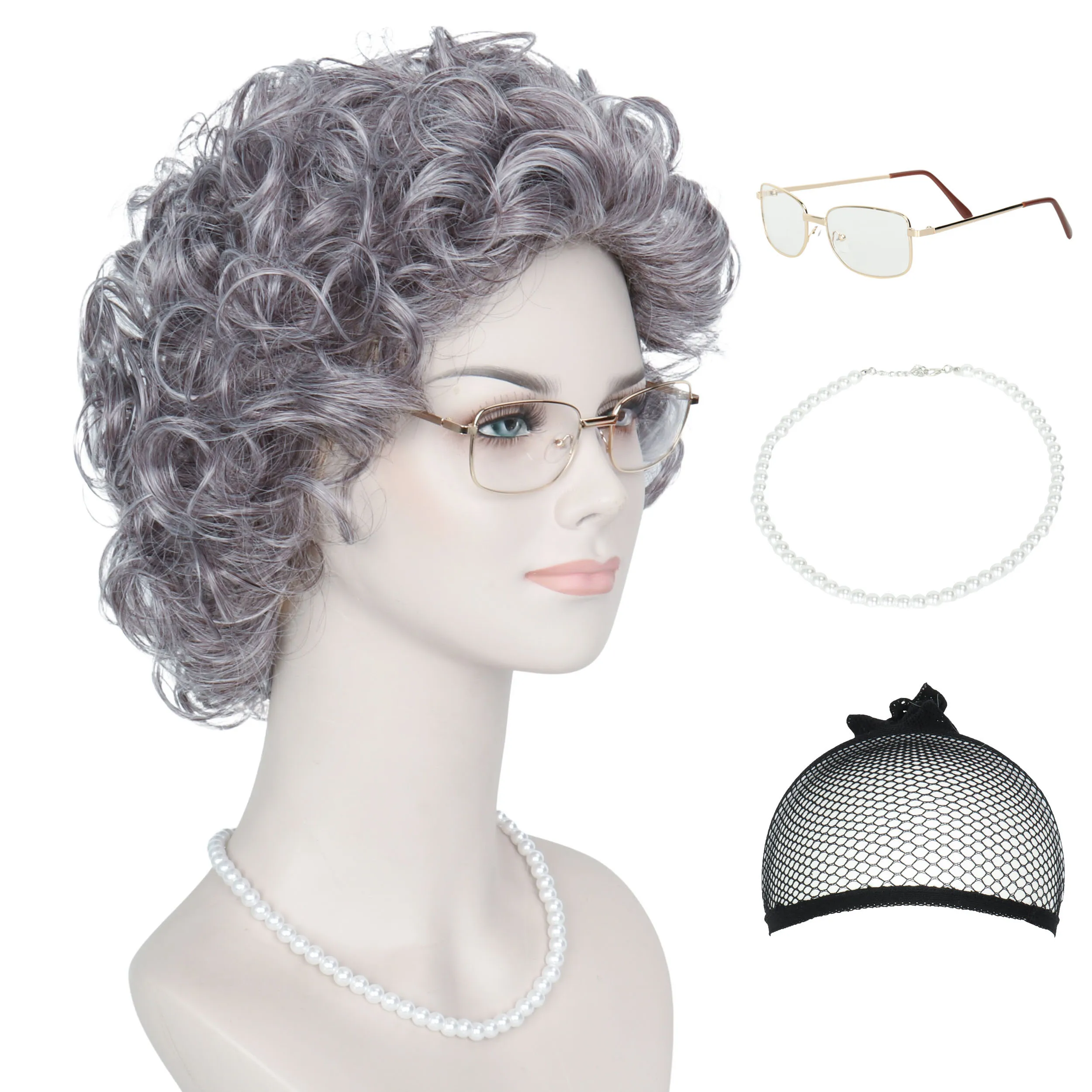 

Old Lady Costume Set Grandma Wig Granny Glasses Pearl Necklace Adult/Kids Curly Party Wig