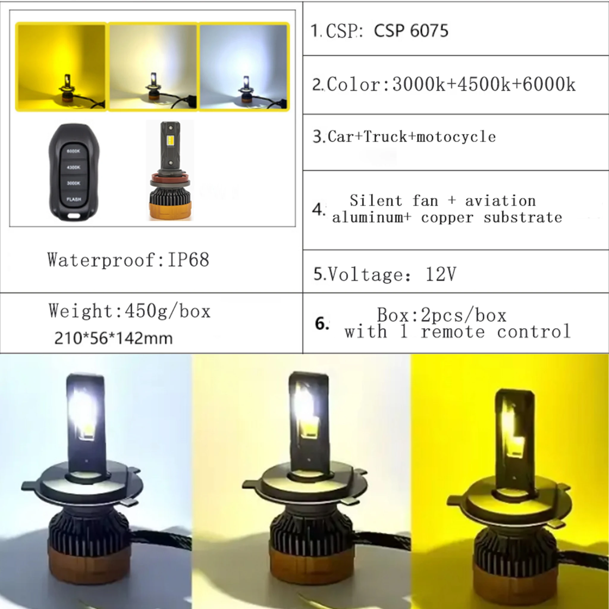 2개 H7 200W 삼색 LED 헤드라이트 led H4 H11 리모컨 점멸 듀얼 프로젝터 렌즈 냉각 팬 자동차 LED 전조등