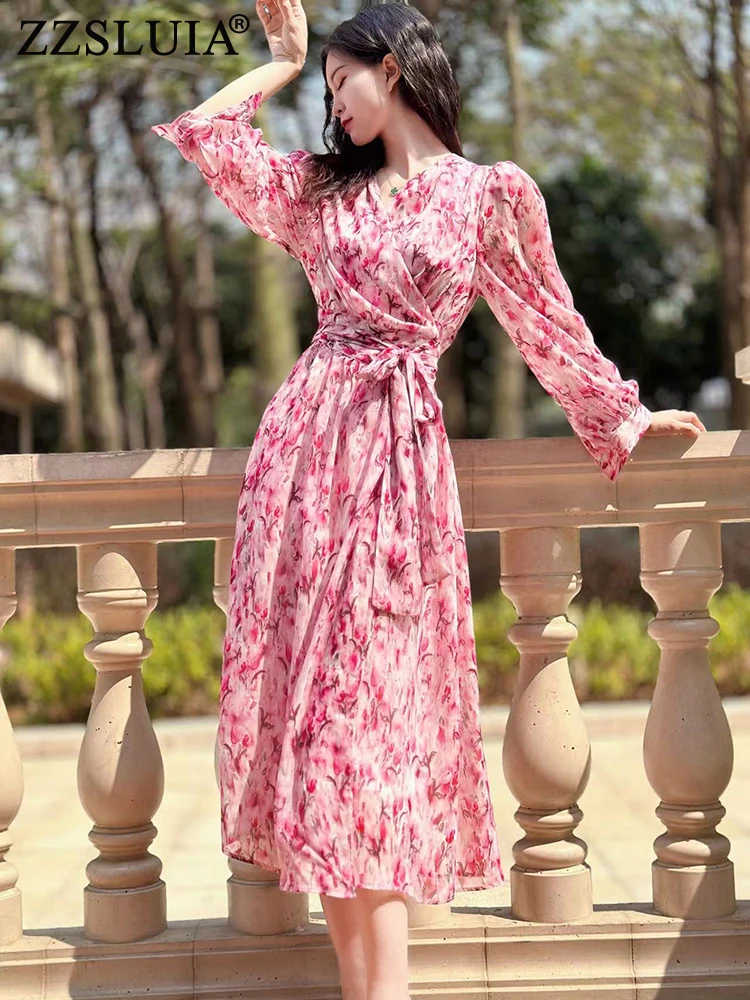 

ZZSLUIA элегантные платья для женщин с цветочным принтом на шнуровке дизайнерское облегающее платье миди модные винтажные платья с рукавами-фонариками для женщин
