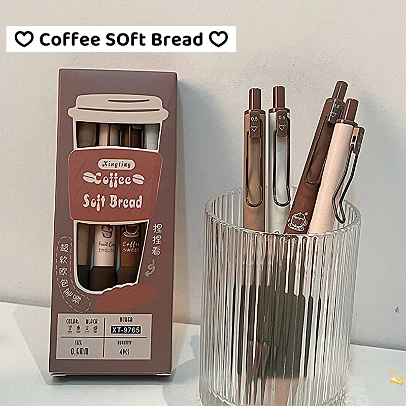 4 Stuks Koffie Zacht Brood Gel Pen Set 0.5Mm Zwarte Kleur Inkt Voor Het Schrijven Van Kantoor School Briefpapier Levert Hoge Kwaliteit.