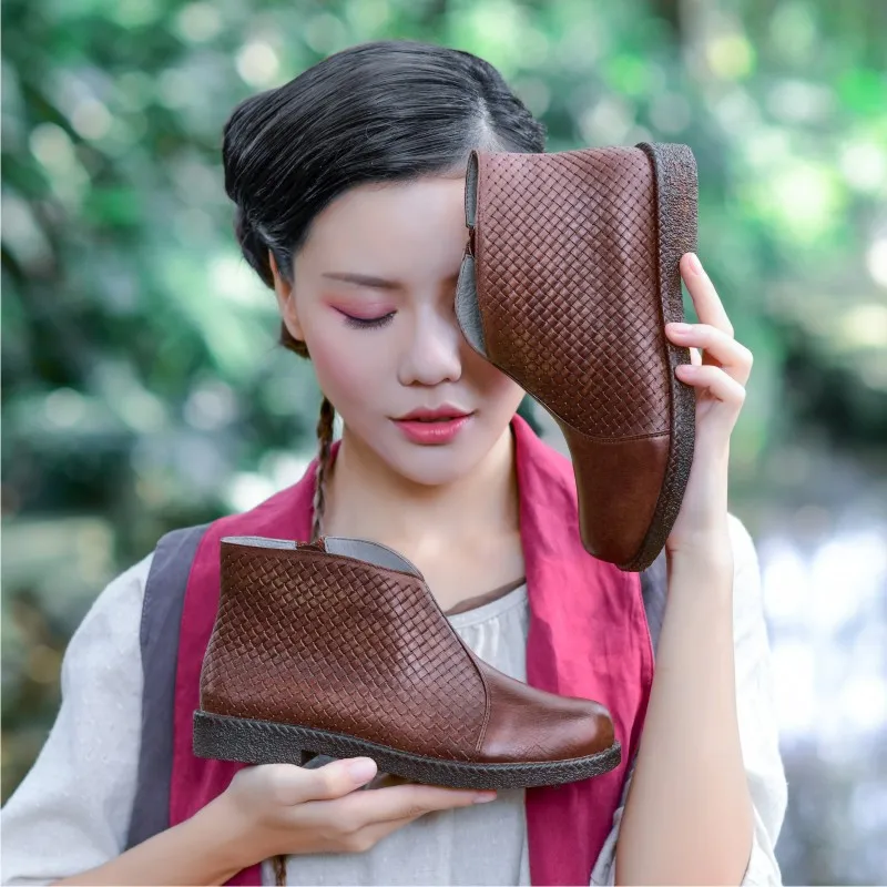 

Birkuir Genuine Leather Ankle Boots For Women Woven Boots Big Toe Luxury Handmade Retro Shoes Back Zip Flats Short Boots Ladies