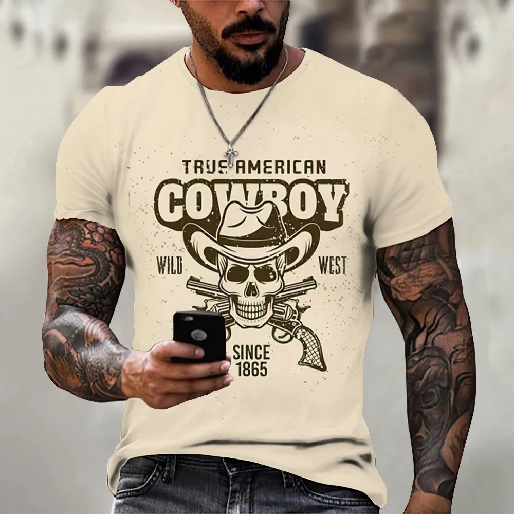 

T Shirt For Men Retro Element Style Cowboy Printing Pattern New models Male Formal Wear Crew Neck Short Sleeve Clothing Tops