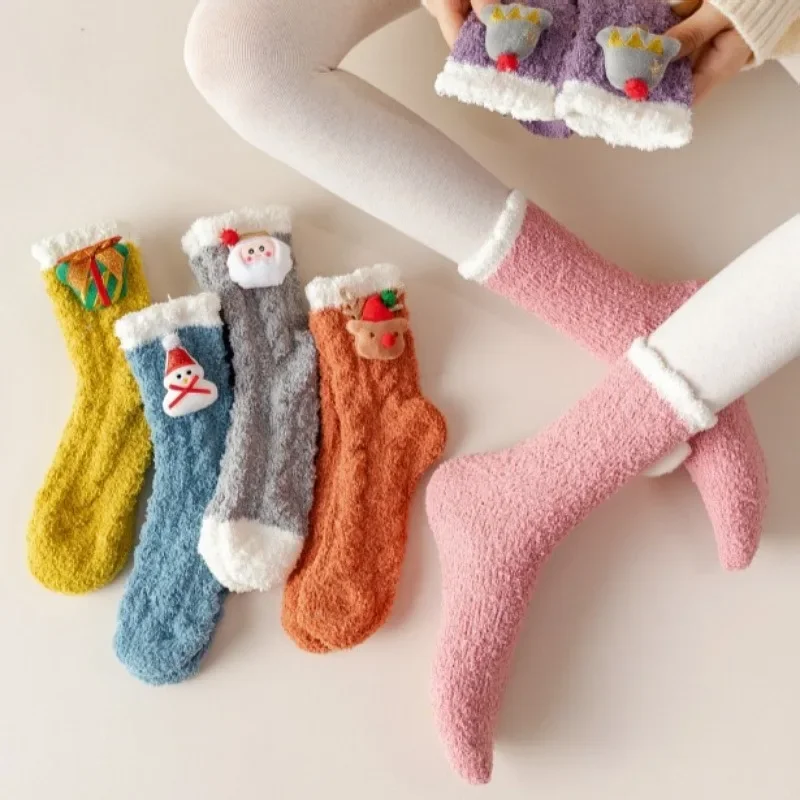 

Coral Velvet Mid-tube Christmas Socks for Women Autumn Winter with Velvet Thickening Sleeping Warm Cute Plush Month Socks