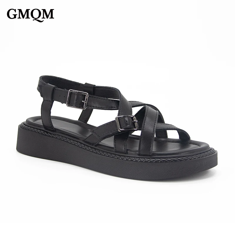 GMQM Fashion Women's Summer Sandals New Genuine Leather Slippers Shoes High-Quality Flats Classic Outdoor Walking Shoes women sandals women slippers