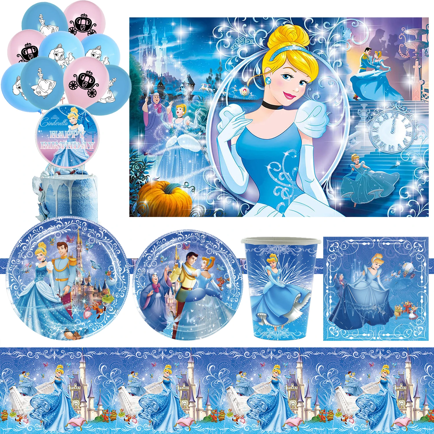 

NEW Disney Princess Cinderella Birthday Party Decoration Supplies Disposable Cutlery Balloon Background Baby Shower Girl Gift