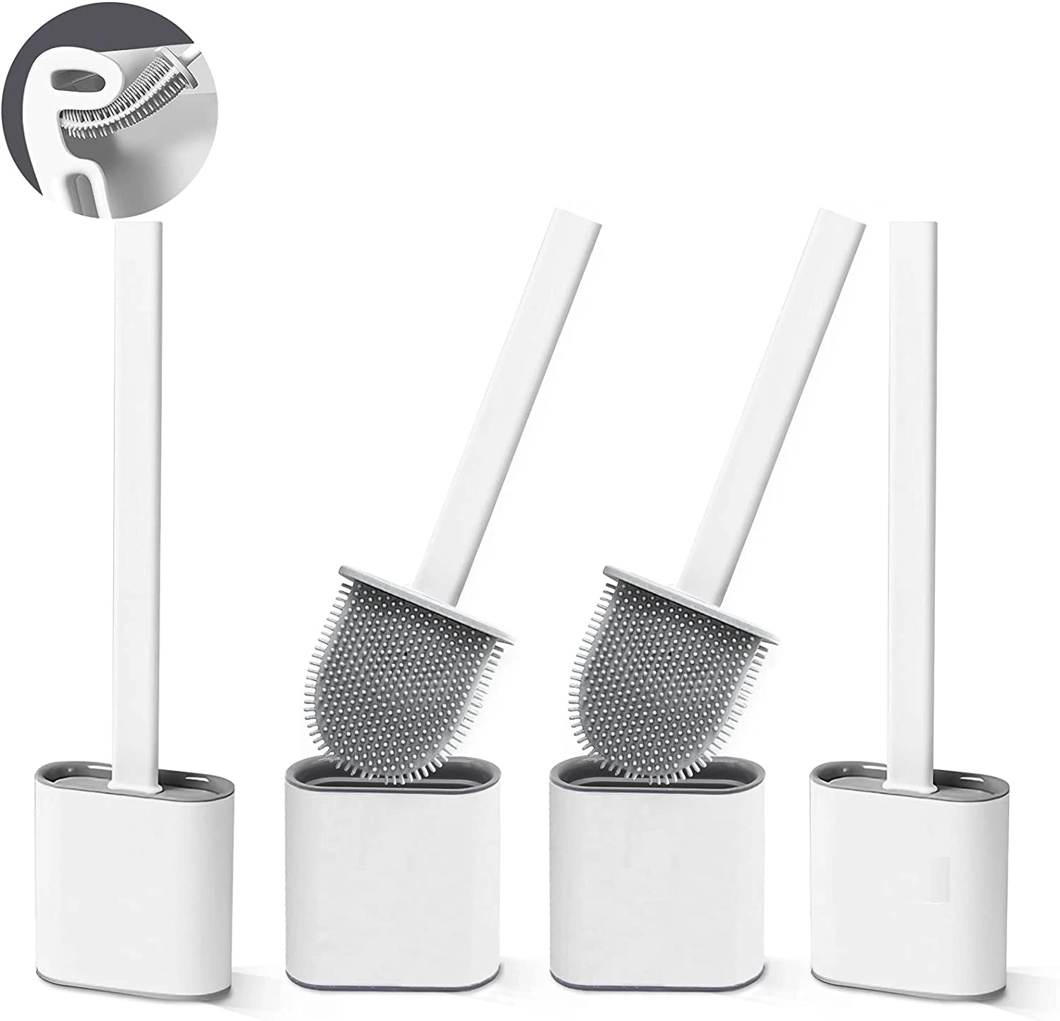 Toilet Brush Bathroom Silicone Toilet Brushes Holder Sets No-Slip Long Plastic Handle Soft Flexible Bristles