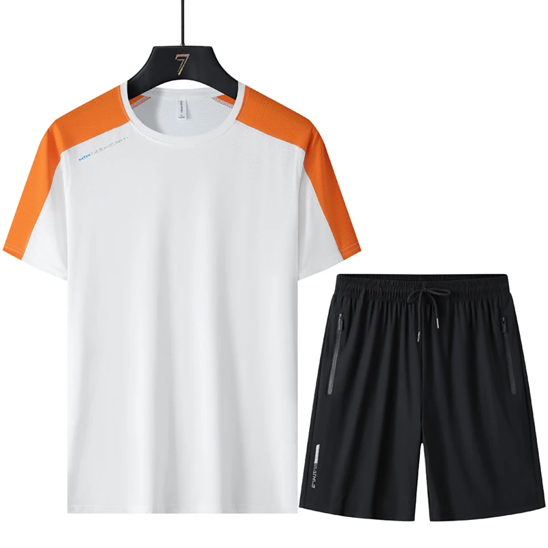 Summer New Casual Mens Set Short Sleeve Sports Suit Breathable Round Neck Tshirt and Shorts Two Piece Set Male Sports Set 2024