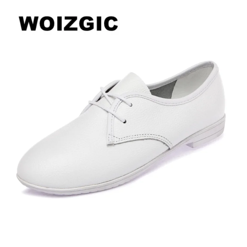 

WOIZGIC Women's Ladies Female Genuine Leather White Shoes Flats Loafers Moccasins Lace Up Soft Casual Korean Vulcanized Shoes