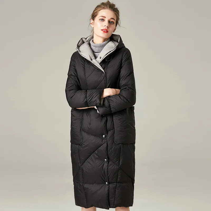 Down Jacket Blue Jacket Women Mid Length Hooded Thickened Loose Fitting Cocoon Shaped Autumn and Winter Double Breasted Jacket