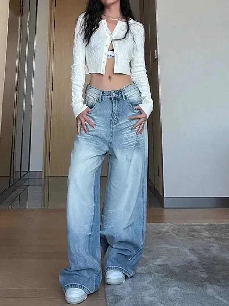 Autumn Retro Basic Light Blue Classic Straight Leg Street Jeans Korean Fashion Women's Minimalist Slim Fit High Waisted Jeans