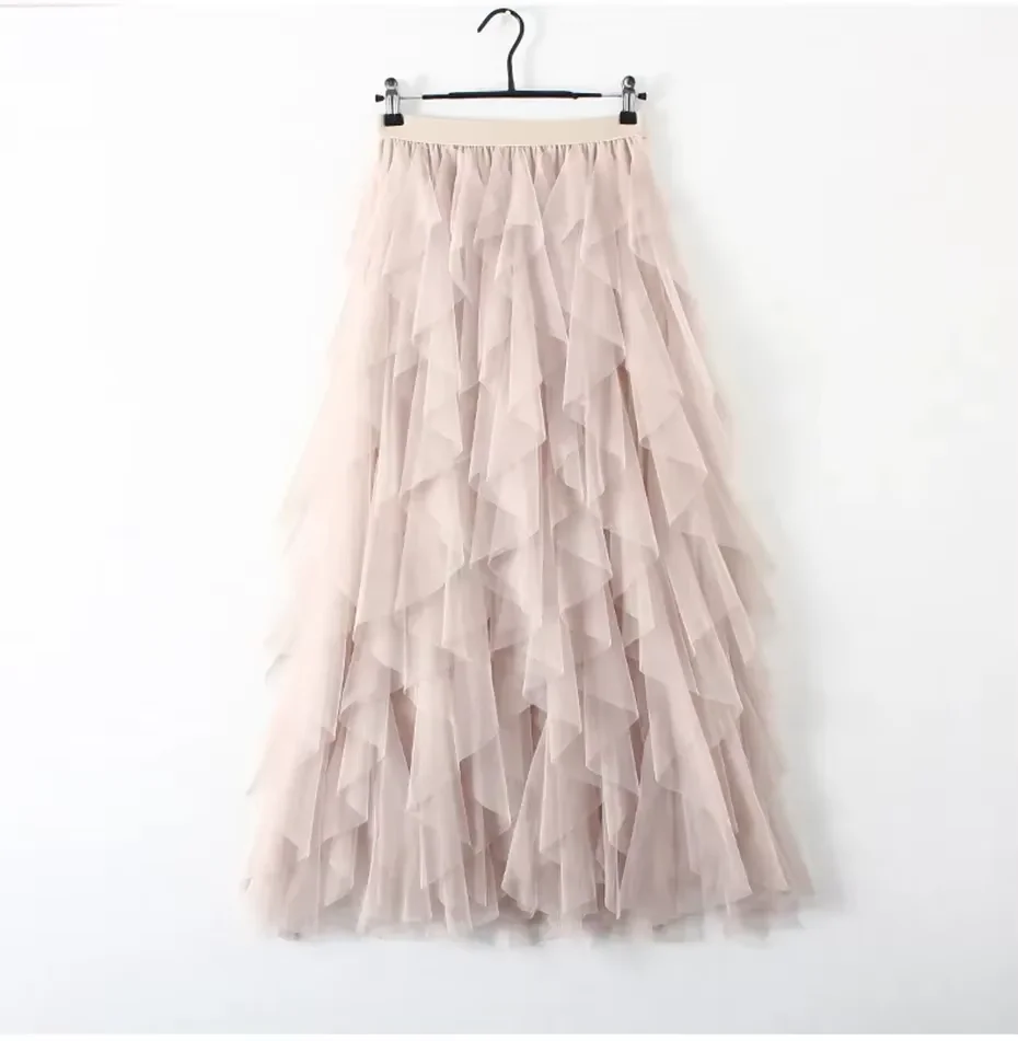 Women's High Waist Tulle Mesh Irregular Tutu Skirt Elastic A-Line Gauze Skirt Pleated Long Hi Spring Summer New 3