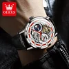 OLEVS 6670 Mechanical Fashion Watch Genuine Leather Watchband Round-dial Moon Phase Month Display 6