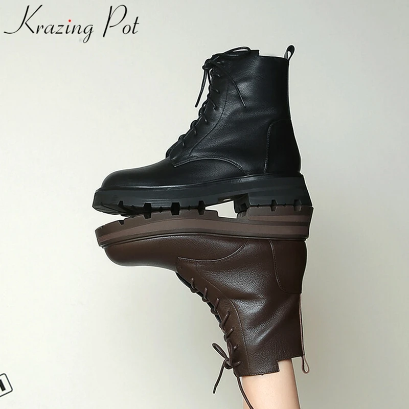 

Krazing Pot Brand Genuine Leather Round Toe Western Motorcycles Boots Thick Heels Platform Warm Cross-tied Casual Ankle Boots