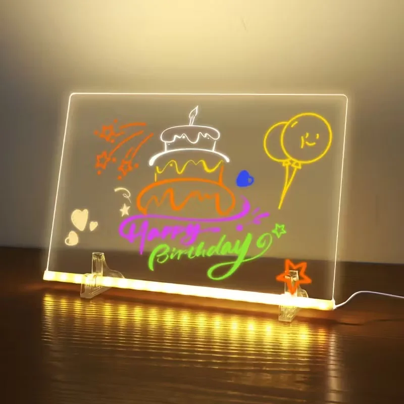 Tableau de notes LED USB en acrylique, lumière blanche chaude, résistant aux rayures et effaçable réglable, fournitures de dessin, cadeau d'anniversaire, décor de fête