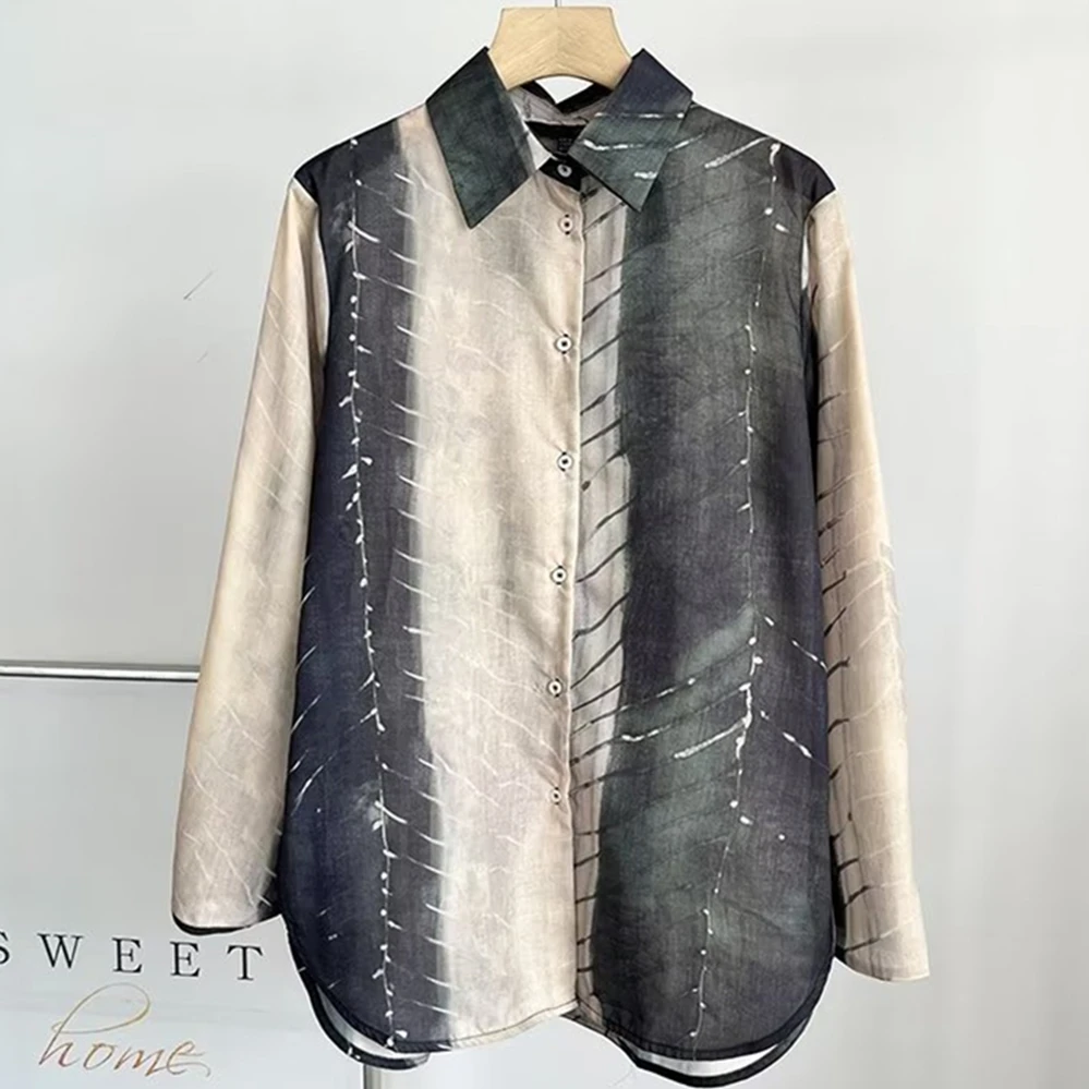 Maxdutti 2023 French Fashion Ladies Print Shirts Elegant Flowing Vintage Spring Autumn Casual Shirt Women Tops Blouse