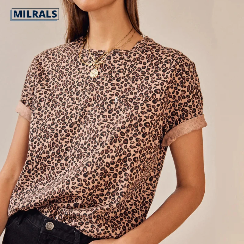 

MILRALS Ladies New Spring Summer Leopard Print Round Neck T Shirt Letter Print Loose Short Sleeve Classic Fashion Women's Top