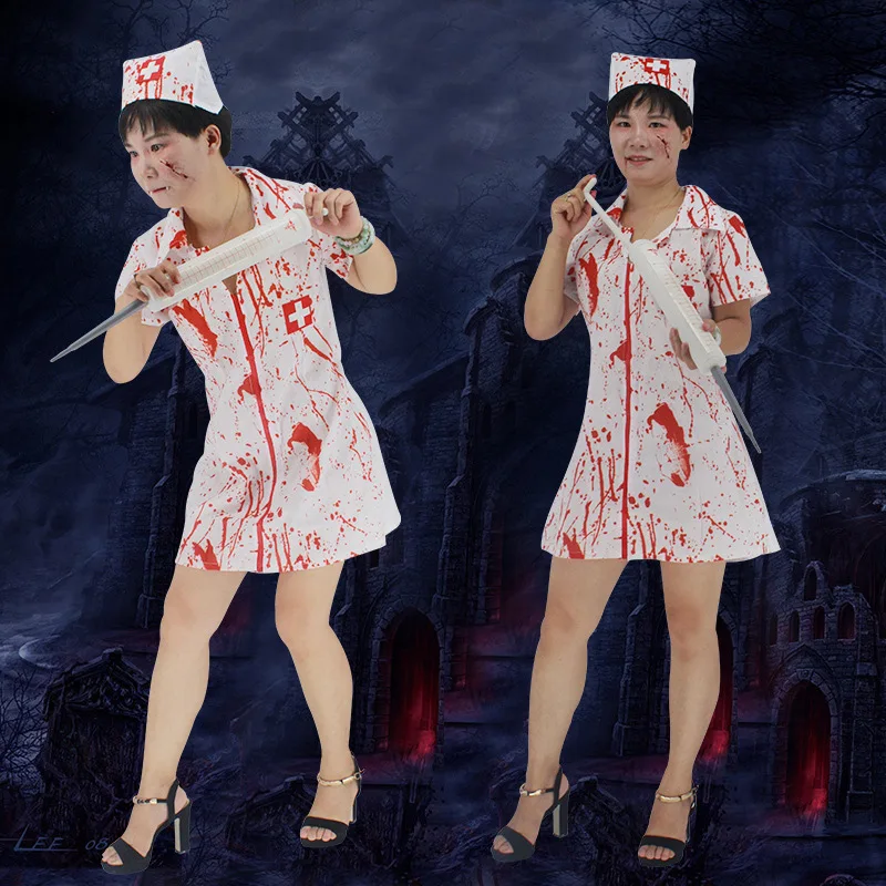Teen Girls & Women Halloween party Horror Nurse Zombie Costume Scary Bloody White Dress Uniform Fancy Clothing Outfit For Female