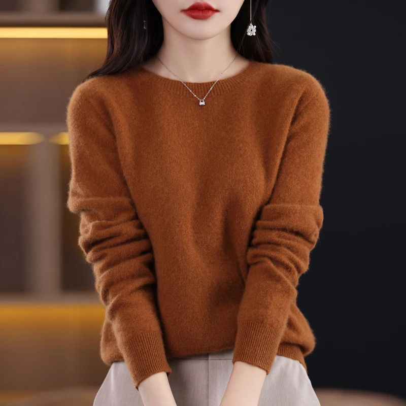 Women Sweater Pure Wool Casual Knitted Pullover Autumn Winter Soft Warm Long-Sleeved Basic Round Neck