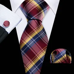 Red Yellow Blue Men Tie With Pocket Square Cufflink Set Classic Plaid Silk Suit Necktie For Male Designer Gift Party Barry.Wang