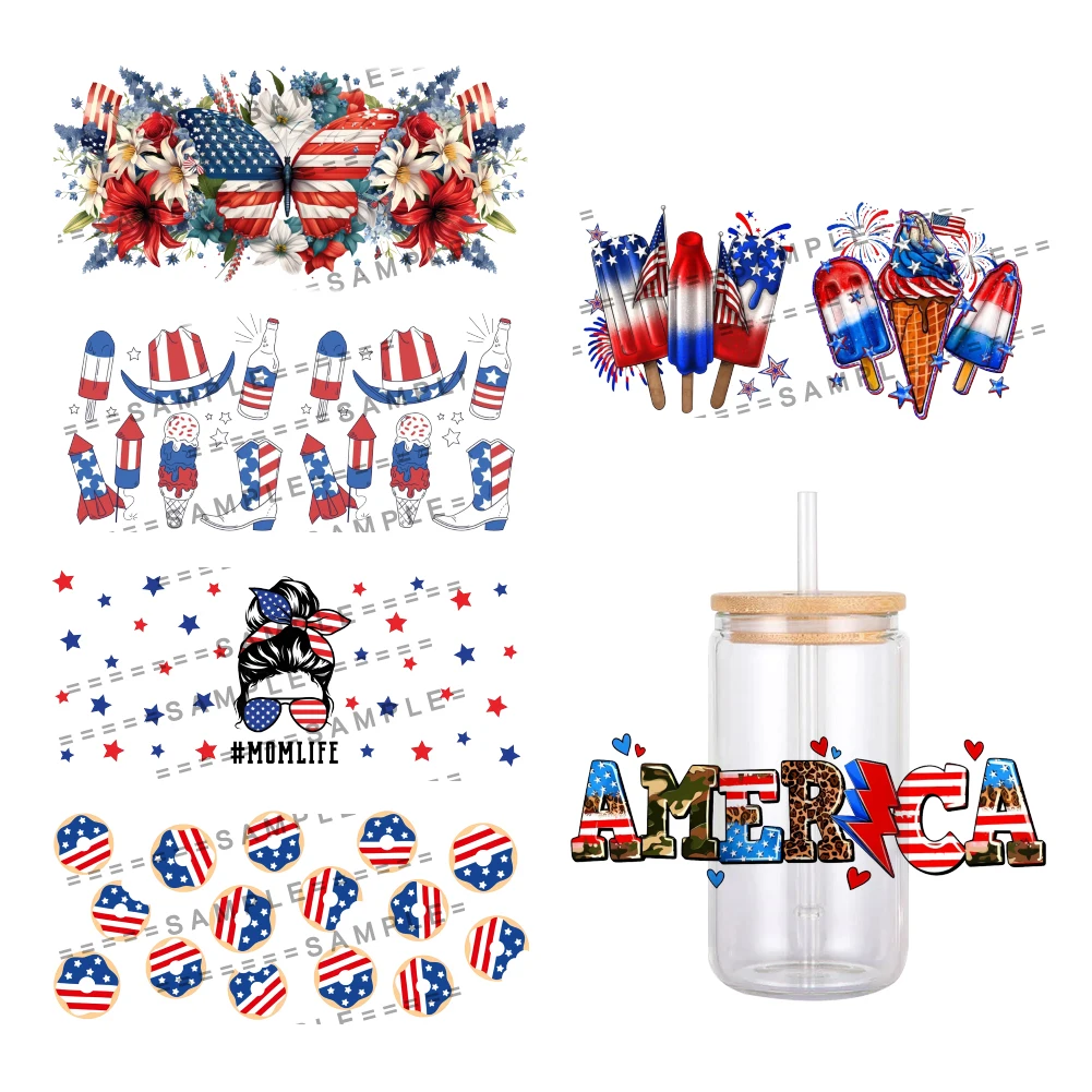 USA Independence Day Designs UV DTF Transfer Sticker Waterproof Transfers Decals For 16oz Glass Cup Wrap Stickers